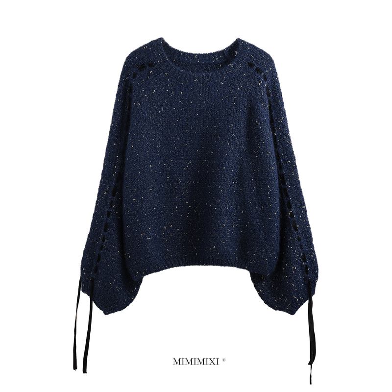 Mimimixi Dark Blue Starry Sky Diamond Sweater Jacket for Women, Autumn and Winter Loose Elegant Wool Knit Top