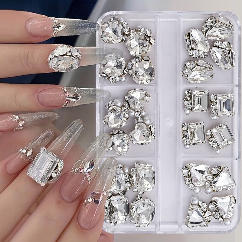 24-Piece Set of White Water Diamond Nail Art Decorations, Popular Nail Accessories, Tilted Heart-Shaped, Fat Square, Transparent White Diamonds, Nail Salon Boxed Set