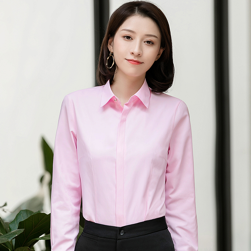 Spring Pink Long-Sleeve Shirt for Women, Business Casual Professional Workwear, Hidden Placket, Solid Color Shirt, Ol Commuting, Anti-Exposure
