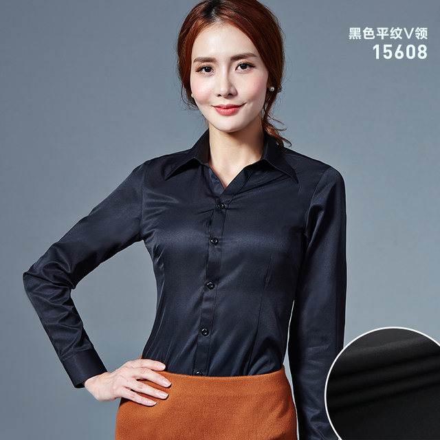 Spring long-sleeved shirt female professional tooling fit V-neck OL commuting pure blue shirt female bottoming shirt overalls
