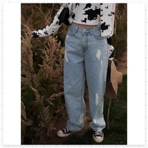 (FARM) high waist straight tube thin splashing ink brush white dyed light blue fashionable street jeans new spot