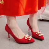 Осенние красные свадебные туфли с заостренным носом, модная высокая рабочая обувь