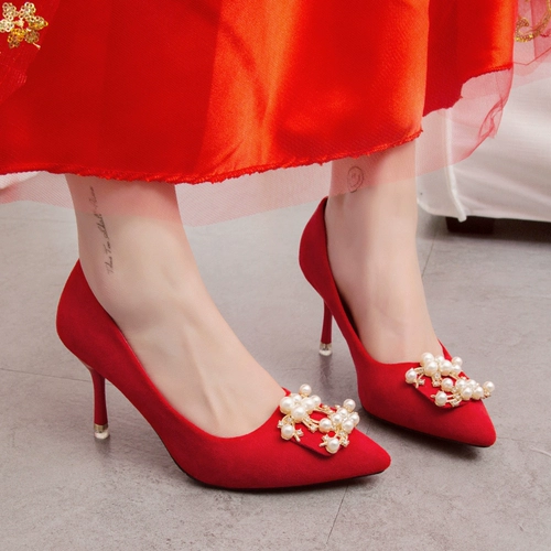 Осенние красные свадебные туфли с заостренным носом, модная высокая рабочая обувь