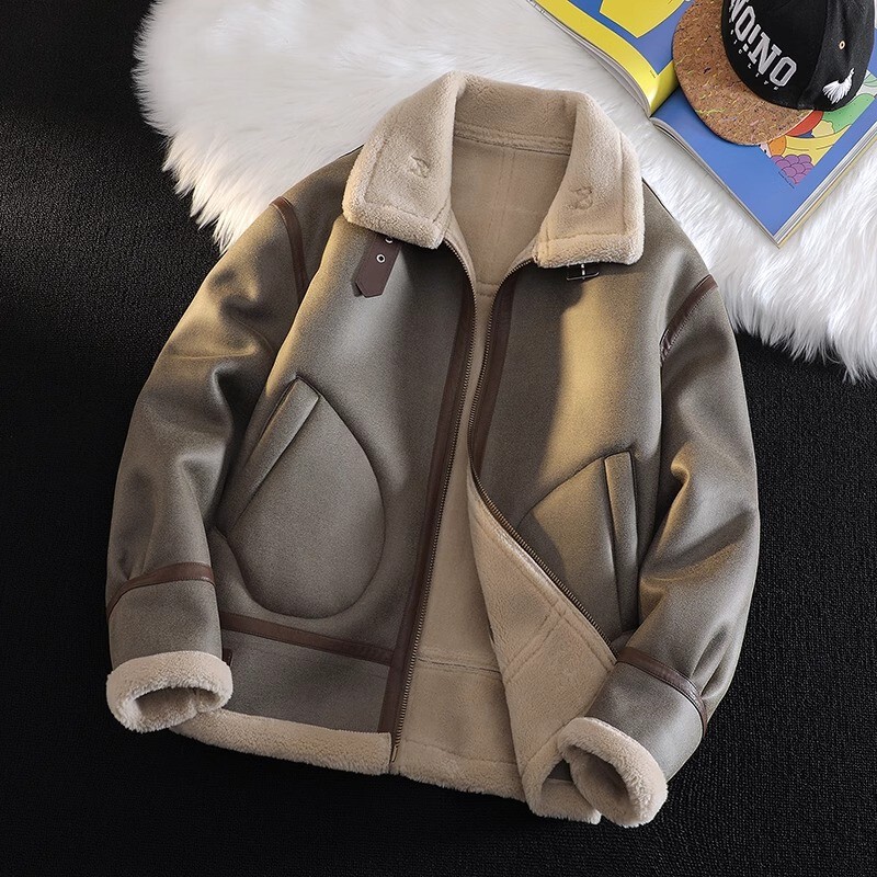 Mk Retro Suede Jacket for Men, Winter Style, Classy and Stylish, Warm Men's Lambswool Jacket with Integrated Leather and Fur