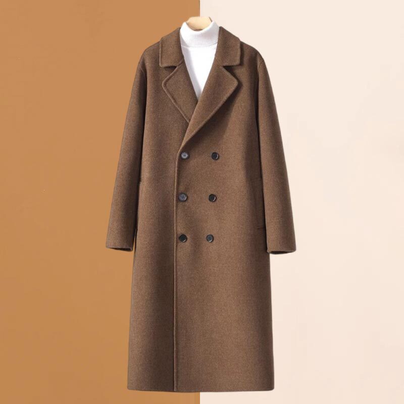 Mk Double-Sided Wool Coat for Men, Mid-Length, Over-The-Knee, Double-Breasted, Suit Collar, Men's Cashmere Wool Trench Coat