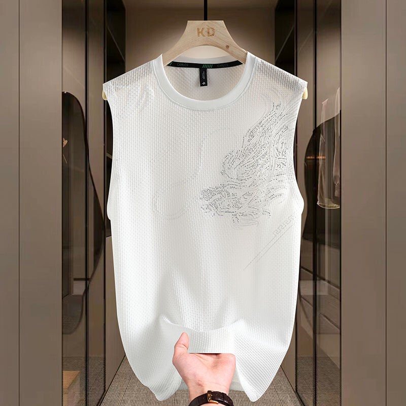 Mk Ice Silk Mesh Thin Vest for Men, Summer High-End Rhinestone Embellished Sleeveless Shirt, Loose Fit, No Ironing Needed, Trendy Men's Sleeveless T-Shirt