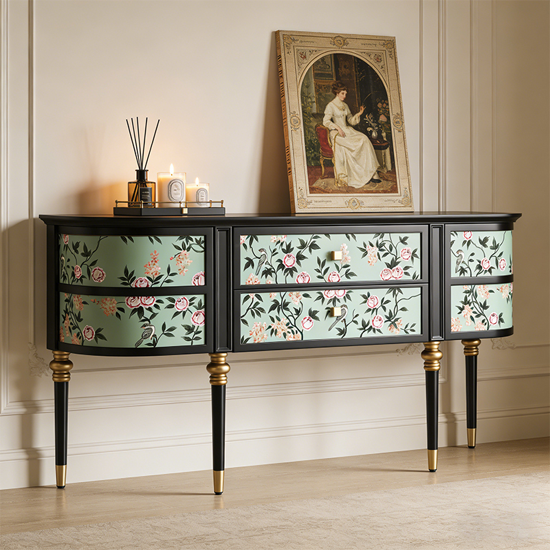 French-Style Vintage Entryway Cabinet with Antique Green Rose Flower Design, Solid Wood Frame, Fully Assembled Entry Cabinet in Bohemian Style French-Style Vintage Entryway Cabinet with Antique Green Rose Flower Design, Solid Wood Frame, Fully Assembled Entry Cabinet in Bohemian Style