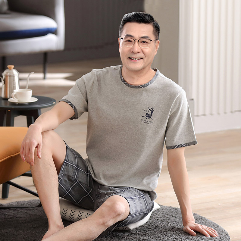 2025 Middle-Aged and Elderly Men's Pajamas Summer Short-Sleeved Shorts Pure Cotton Dad's Home Clothes Middle-Aged Suit Plus Size