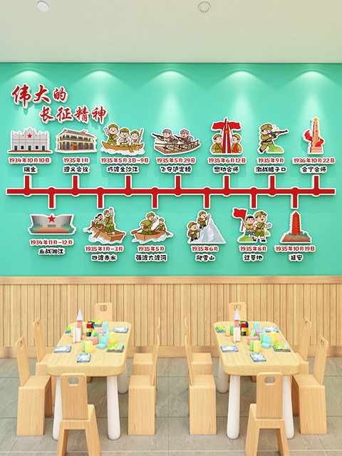 Kindergarten Environmental Innovation Theme Wall Finished Product Red Patriotic Theme Long March Spirit Cultural Wall Sticker Corridor Wall Decoration