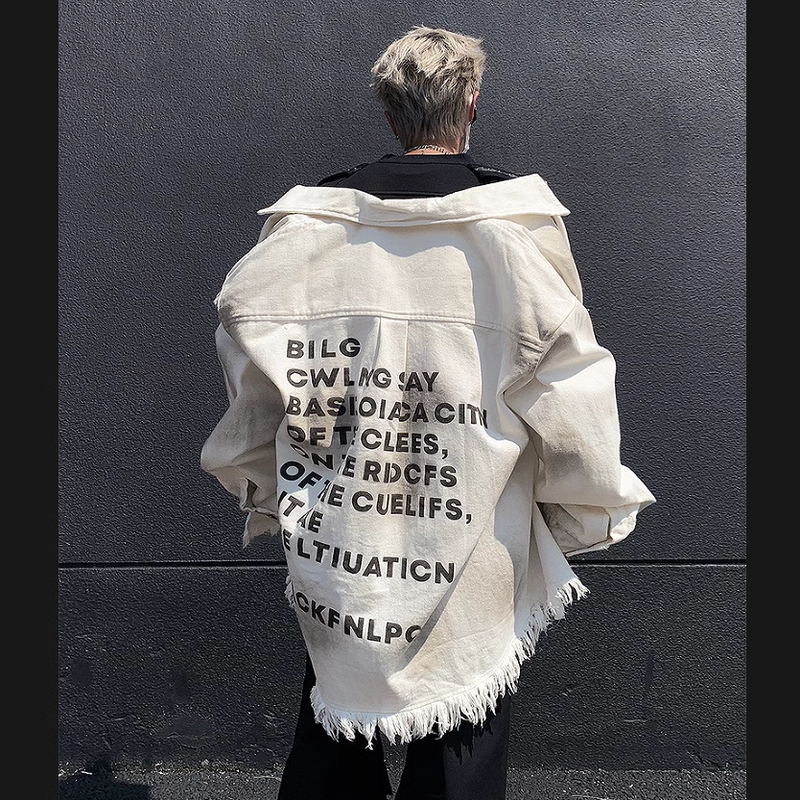 American-Style Denim Jacket with Lettering on the Back for Men, Spring and Autumn Trendy Brand, High-End, Cool and Vintage, Frayed Edge Workwear Jacket