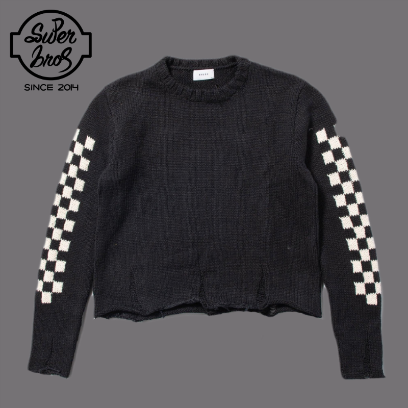 Rhude Hand Knit Rhacer Black and White Checkerboard Pattern Distressed Coarse Knit Sweater Zhang Yixing