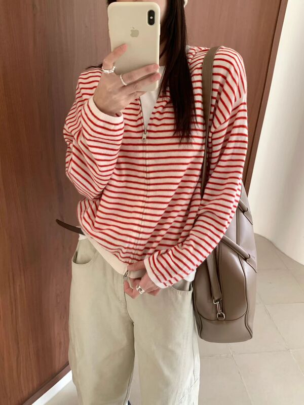 Here Imprint Korean Style 100% Wool Hooded Zip-Up Knit Cardigan Early Autumn Solid Color Loose Soft Sweater