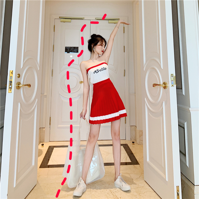 VK旗艦店 韓系性感平口高腰百褶裙套裝短袖褲裝