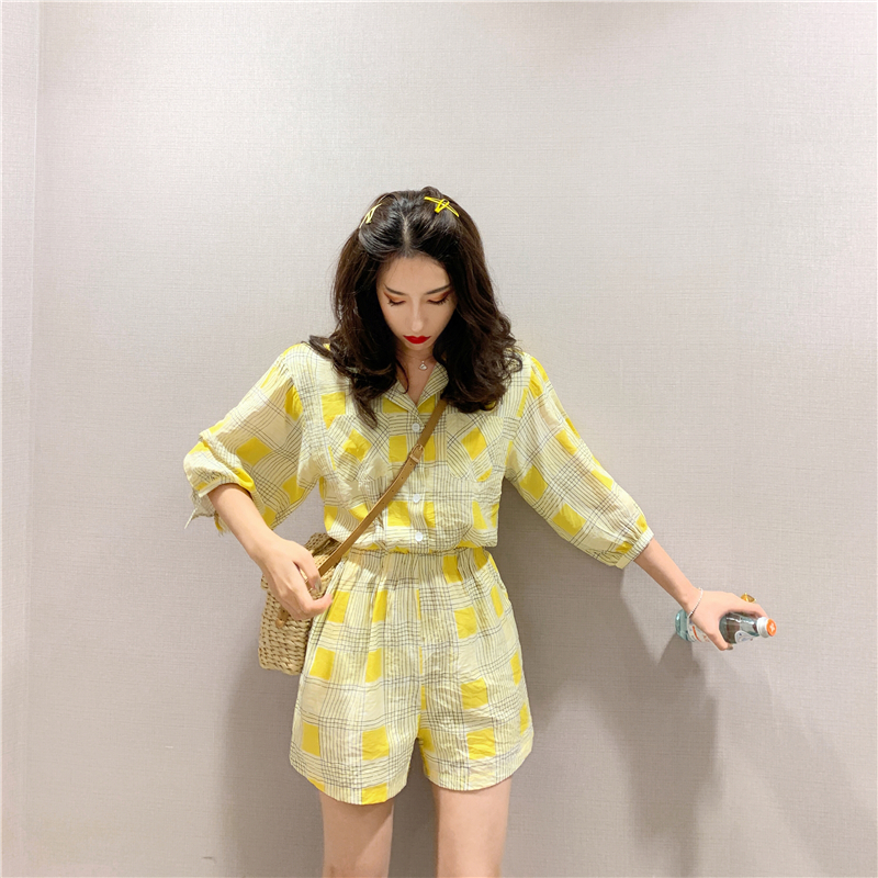 VK旗艦店 韓系寬鬆高腰休閒格紋套裝短袖褲裝