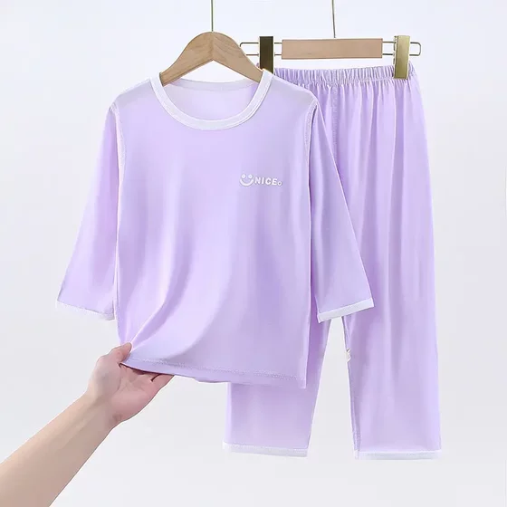 儿童夏季九分袖莫代尔套装中大童空调服薄款家居服男女无骨睡衣