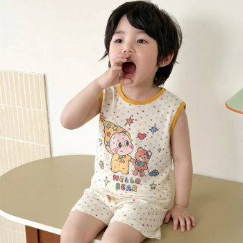 ເດັກນ້ອຍ tencel lyocell vest set summer breathable pajamas ເດັກຊາຍເດັກນ້ອຍບ້ານເຄື່ອງນຸ່ງຫົ່ມ