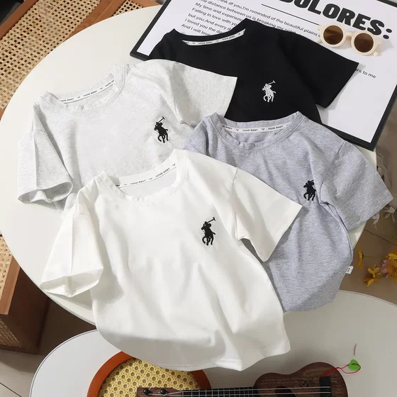 
2025 summer new casual fashion embroidered short-sleeved pure cotton versatile T-shirt for men and women, middle-aged and big children's casual base shirt