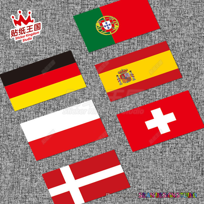 German, Portuguese, Spanish, Danish, Polish and Swiss flags, car stickers, helmet stickers, scratches to shield car reflections