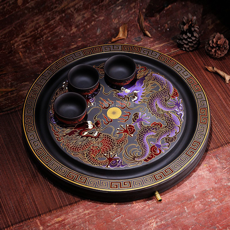 35CM large number of round purple sand tea tray Double Dragon Opera Pearl Tea Tray Drainage Style Tea Desk Tea tea Tea Sea Tea