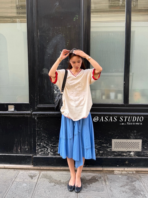 【Comparable to Lo*】Nana's Same Style Blue Draped Mid-Length Skirt with Irregular Design and Drawstring 【Comparable to Lo*】Nana's Same Style Blue Draped Mid-Length Skirt with Irregular Design and Drawstring