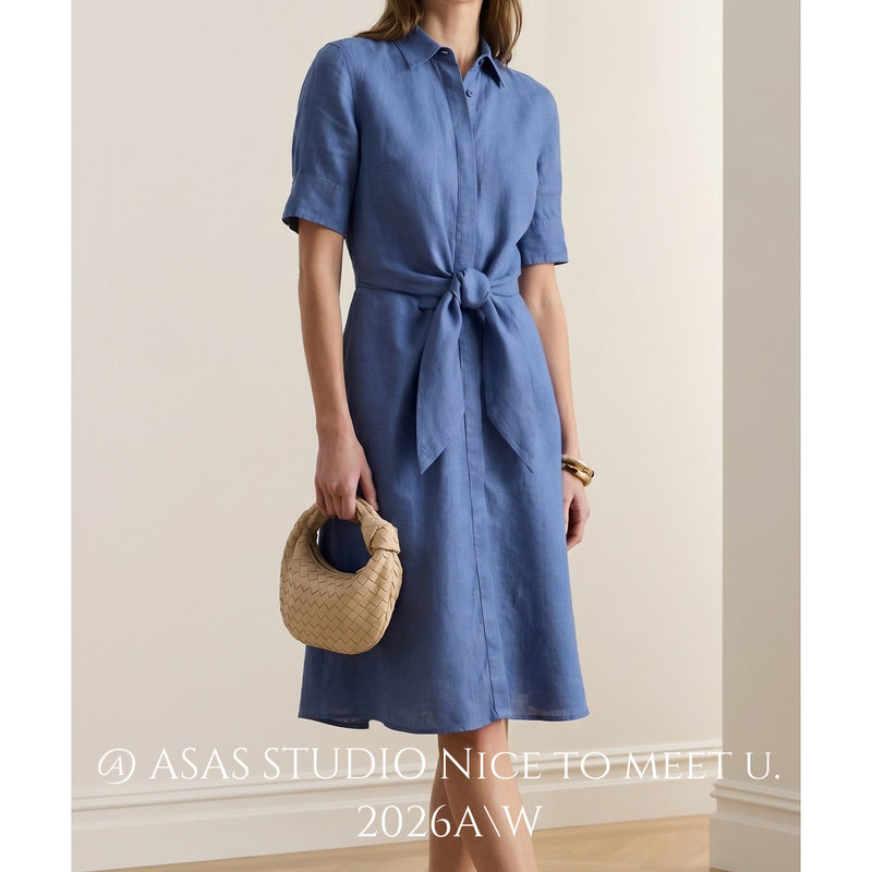 【Benchmarking Ralph】100% Linen Shirt-Style Dress with an Elegant Old-Money Style Long Skirt