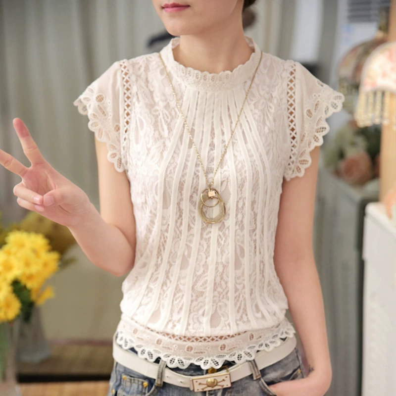 [Đặc biệt hàng ngày] Mùa hè mới của phụ nữ áo sơ mi ren ngắn tay màu đa năng áo sơ mi rỗng nhỏ phía dưới áo voan phía trên - Áo sơ mi chiffon ren