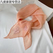 Solid color crumpled silk scarf for women Korean version matching shirt scarf butterfly pink ribbon summer neck scarf