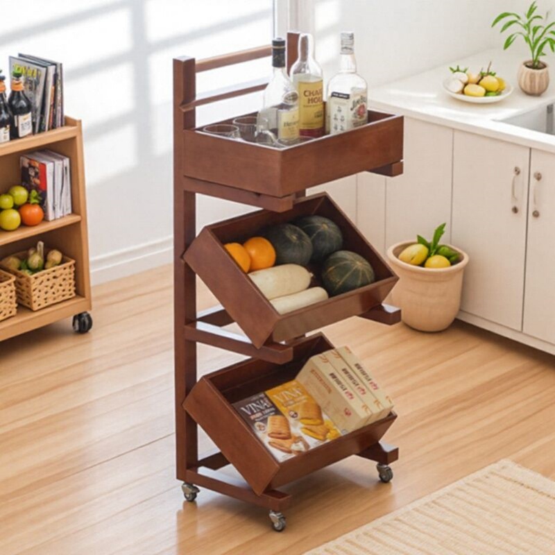 Kitchen Fruit and Vegetable Storage Rack, Floor-Standing Multi-Layer Storage Rack, Solid Wood Snack Cart, Movable Bookshelf