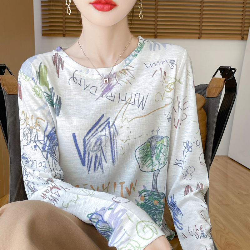 Spring and Summer New Style Ink Print Round Neck Long-Sleeved Bottoming Shirt for Women, Fashionable Thin Loose Knitted T-Shirt Top
