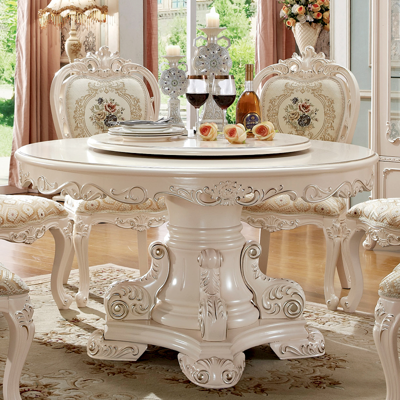 European-Style Round Dining Table, Solid Wood, American-Style Ivory White with Silver Accents, Dining Table and Chair Set for Home Use, 1.7m Chairs, French Style European-Style Round Dining Table, Solid Wood, American-Style Ivory White with Silver Accents, Dining Table and Chair Set for Home Use, 1.7m Chairs, French Style