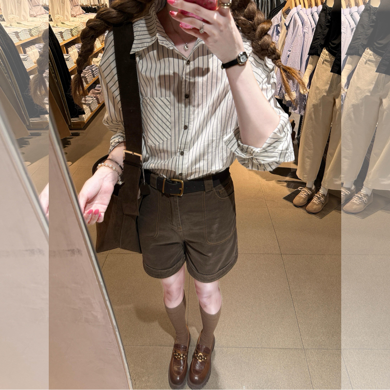 Maillard Retro Outfit Two-Piece Set Early Autumn Relaxed Style Striped Long-Sleeve Shirt Brown Work Shorts Set for Women