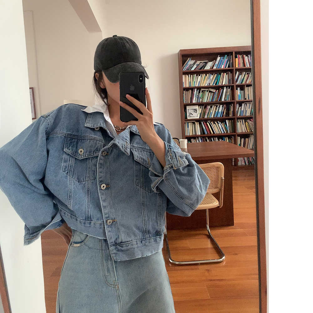 喵喵chan设计感假两件牛仔外套女早秋新款宽松百搭做旧洗水夹克