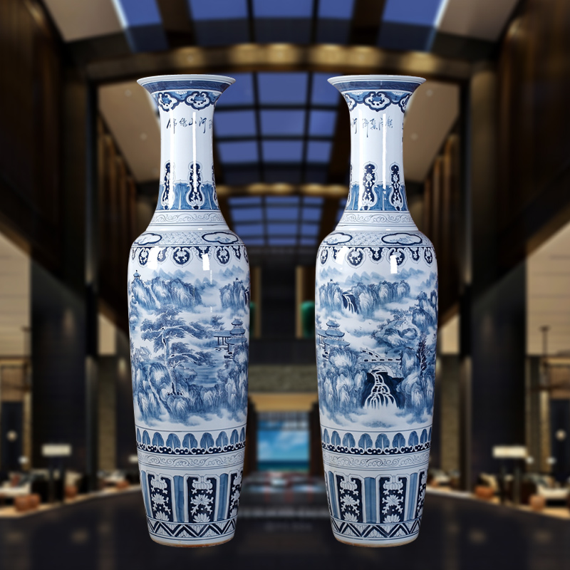 Jingdezhen blue and white landscape ceramic vase landing craft painting ceramic vase sitting room adornment is placed