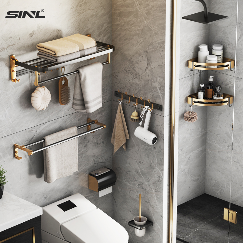 Space aluminum bathroom rack wall-mounted towel rack light luxury wind free punch powder room toilet towel rod toilet