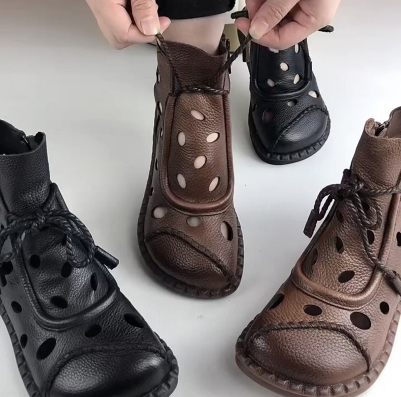 Retro Lace-Up Boots and Sandals, 2026 Spring and Summer New Style Genuine Leather Flats-Soled Ethnic Style Cut Out Hole Shoes Retro Lace-Up Boots and Sandals, 2026 Spring and Summer New Style Genuine Leather Flats-Soled Ethnic Style Cut Out Hole Shoes