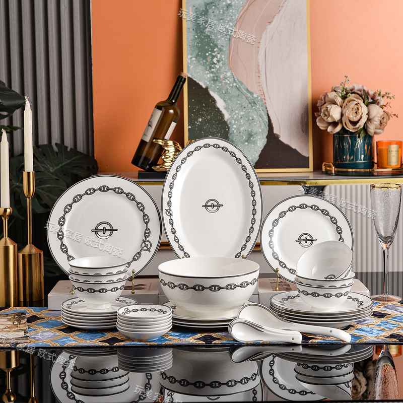 H Brand Iron Chain Series 36-Piece Tableware Set Bone China Bowls, Plates, Spoons, and Saucers Combination for Home Use, New Year, Housewarming, Wedding Gift
