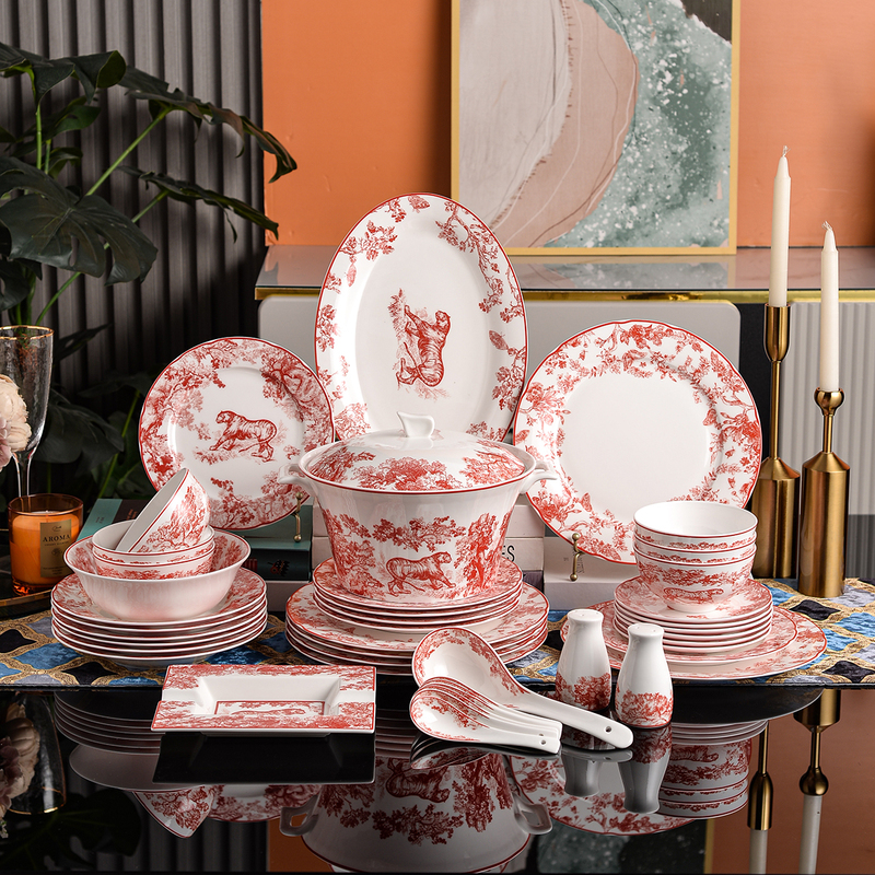 Dijia Red Tiger 58-Piece Tableware Set, High-End Bone China Rice Bowls, Plates, and Spoons, Suitable as a Gift for New Year, Housewarming, or Wedding