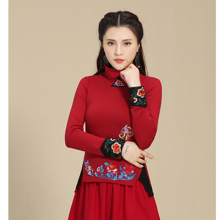 Phong cách Trung Quốc mùa xuân và mùa thu của phụ nữ cao cổ áo dài tay áo thêu quốc gia khâu khâu kích thước lớn áo sơ mi cotton - Áo phông áo phông rộng nữ