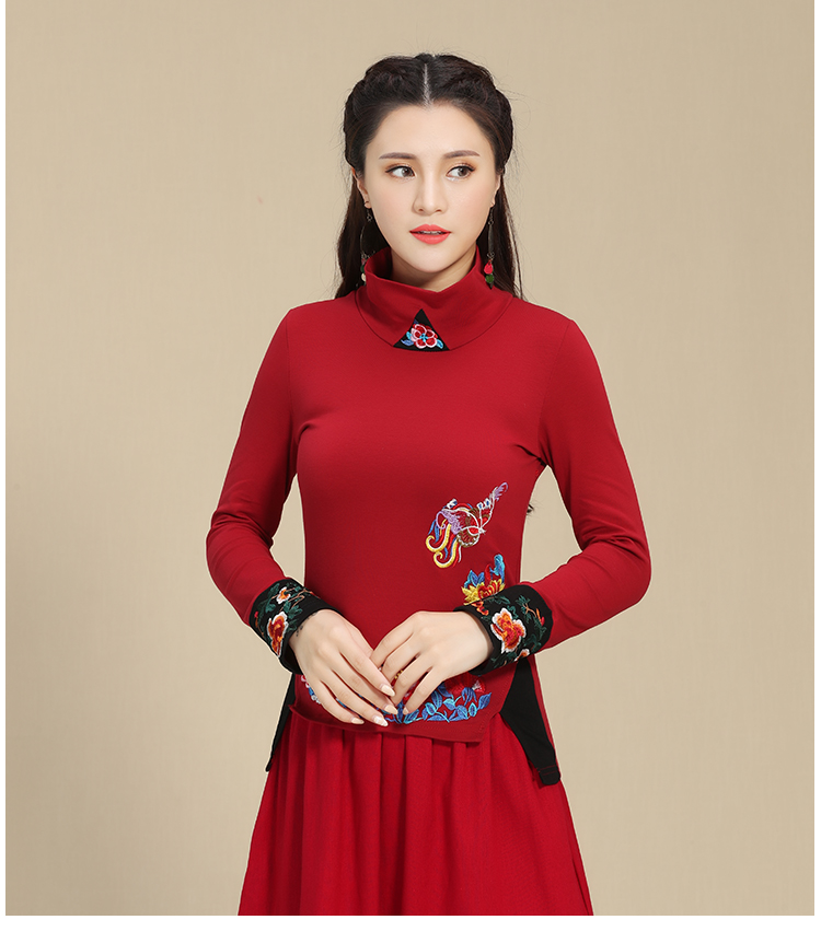 Phong cách Trung Quốc mùa xuân và mùa thu của phụ nữ cao cổ áo dài tay áo thêu quốc gia khâu khâu kích thước lớn áo sơ mi cotton - Áo phông áo phông rộng nữ