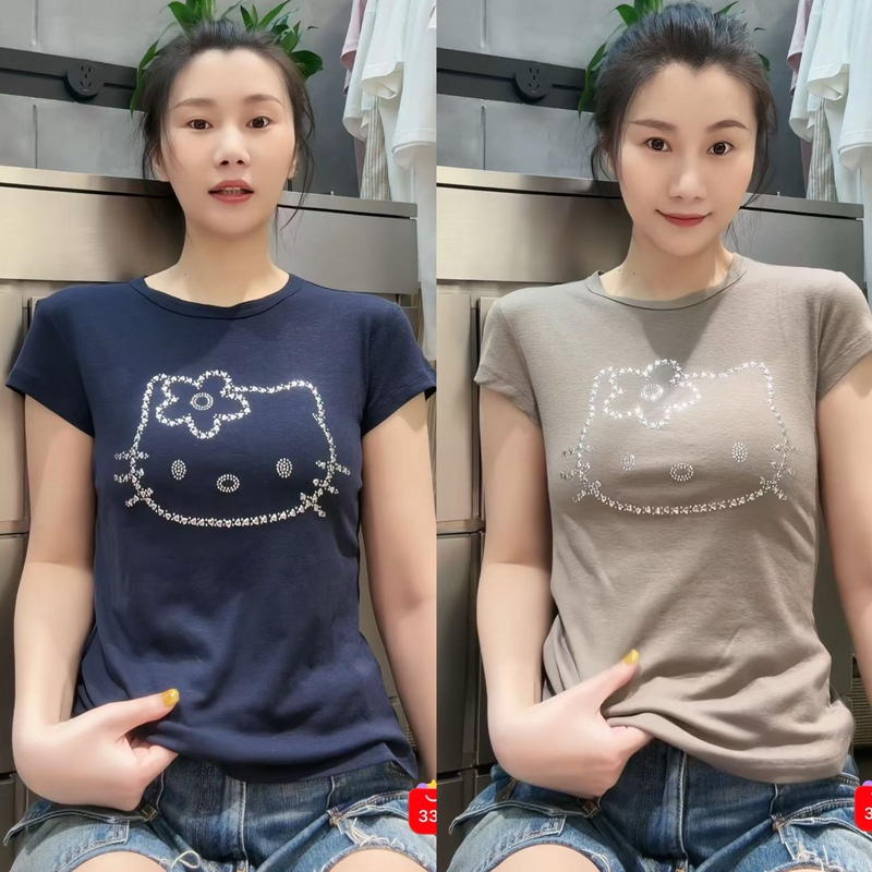 【Southeast Mama】Korean Sweet Girl Style Sequined Cat Short-Sleeve T-Shirt, Imported Material, Regular Shoulder Fit, Slim Fit T-Shirt That Enhances the Figure Qh05 【Southeast Mama】Korean Sweet Girl Style Sequined Cat Short-Sleeve T-Shirt, Imported Material, Regular Shoulder Fit, Slim Fit T-Shirt That Enhances the Figure Qh05