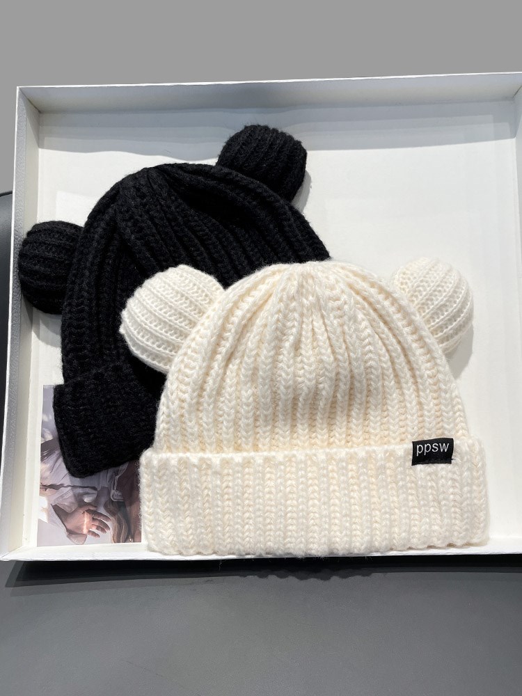 JAPAN PURCHASING CUTE BEAR EARS LARGE LOOSE WOOL HAT WOMENS AUTUMN AND WINTER THICKENED FACE SMALL KNITTED HAT