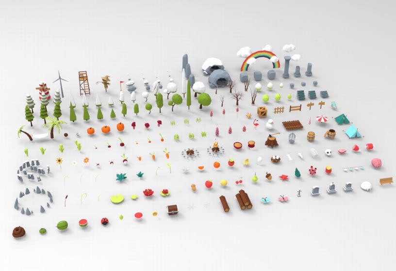 C4D低面卡通树木花草FBX山石水果STL蔬菜昆虫OBJ帐篷风车长椅素材