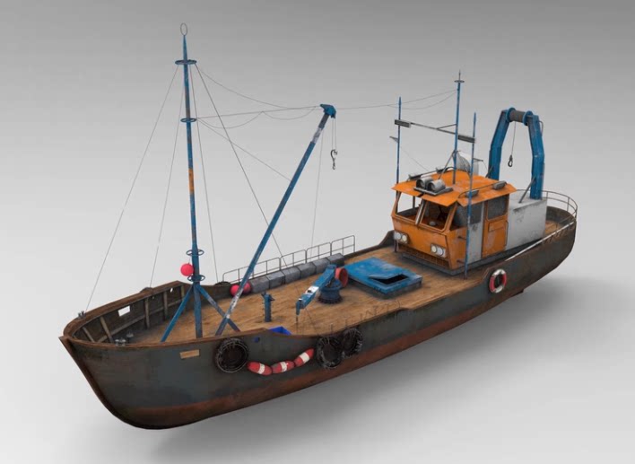 C4D老式卡通废旧船只FBX捕捞渔船OBJ素材unity文件游戏场景3D道具