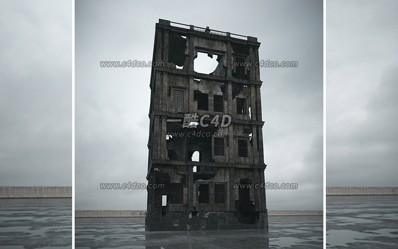一酷C4D废弃楼房破旧房屋战损建筑废墟建筑模型-98