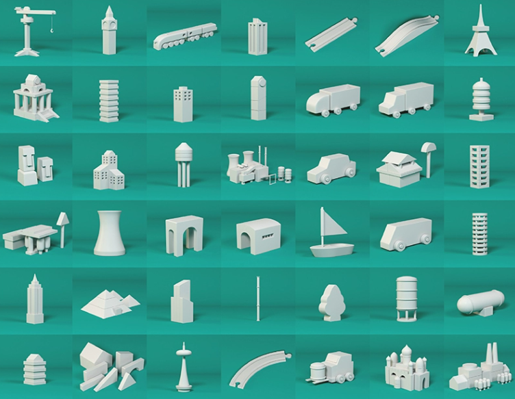 C4D FBX STL OBJ卡通积木玩具帆船神庙汽车神像城堡楼房三维模型-cg男孩