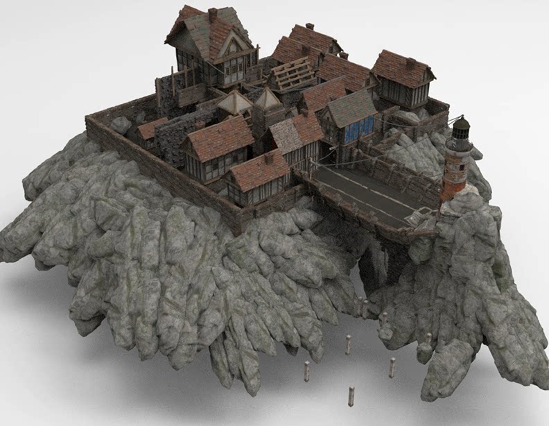 C4D FBX STL OBJ UE虚幻中世纪卡通欧洲城镇街道灯塔房屋三维模型