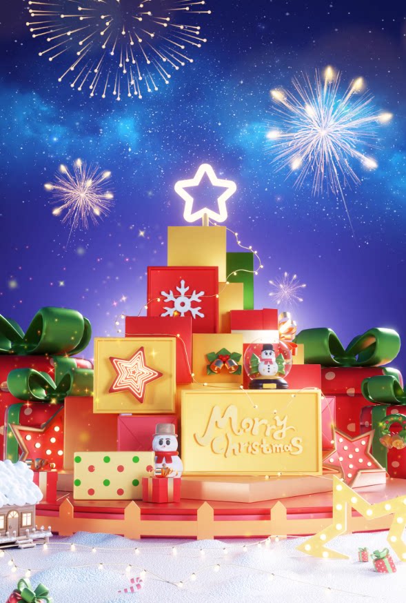 C4D圣诞节夜晚礼盒电商海报展台OC渲染3D立体场景