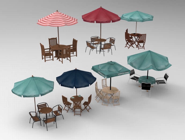 C4D卡通户外休闲桌椅FBX凳子STL遮阳伞OBJ游戏场景SU素材Blender