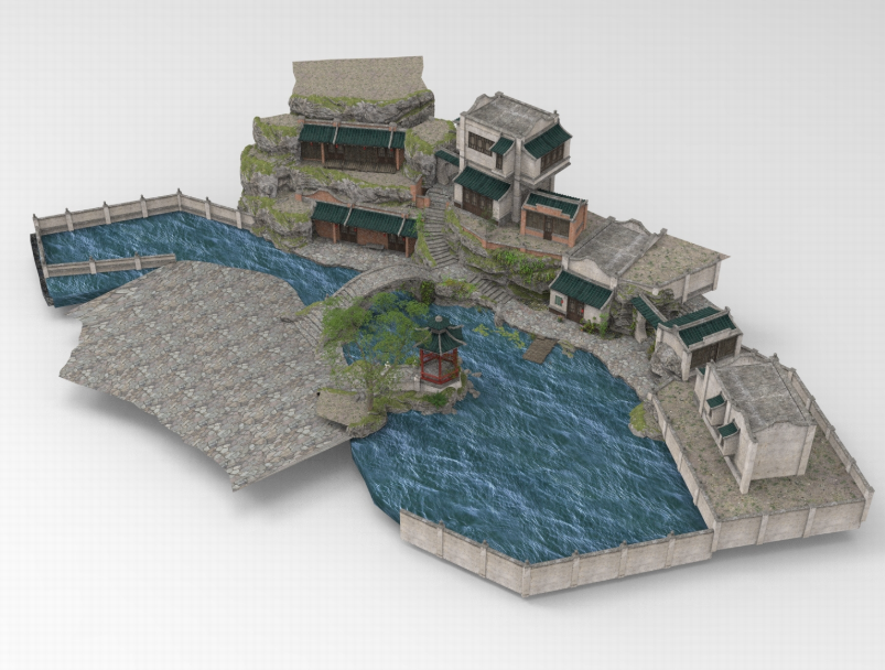 C4D传统民居群落FBX青瓦白墙OBJ石板路Blender石桥Maya场景3D素材