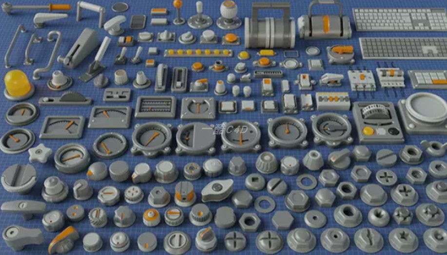 一酷C4D-c4d工业工厂零件组件螺栓仪表旋钮blender模型3D素材fbx obj格式